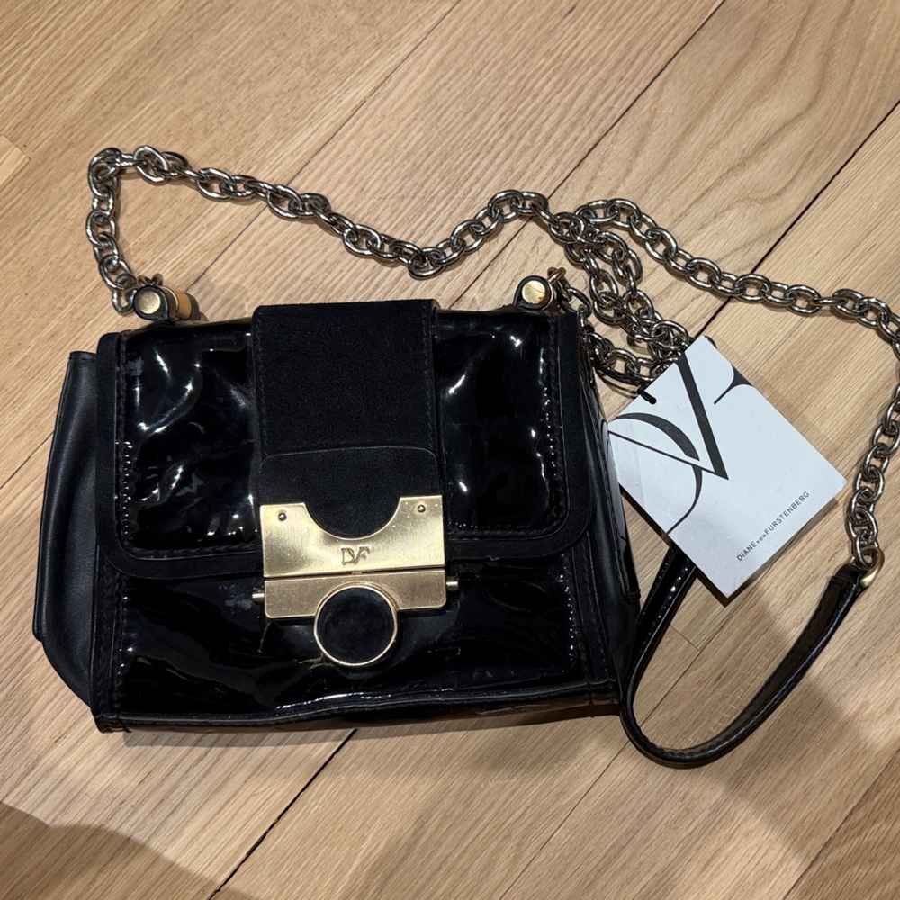 Diane von Furstenberg DVF Black Patent Leather and Suede Crossbody Bag
